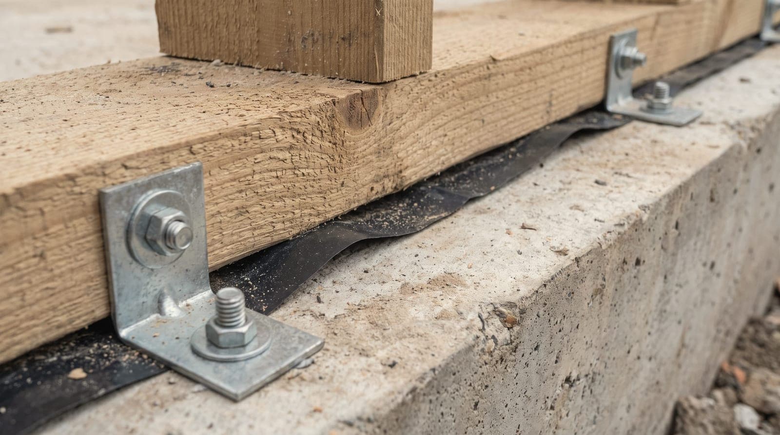 Detail kotvení dřevěného prahu k základové desce