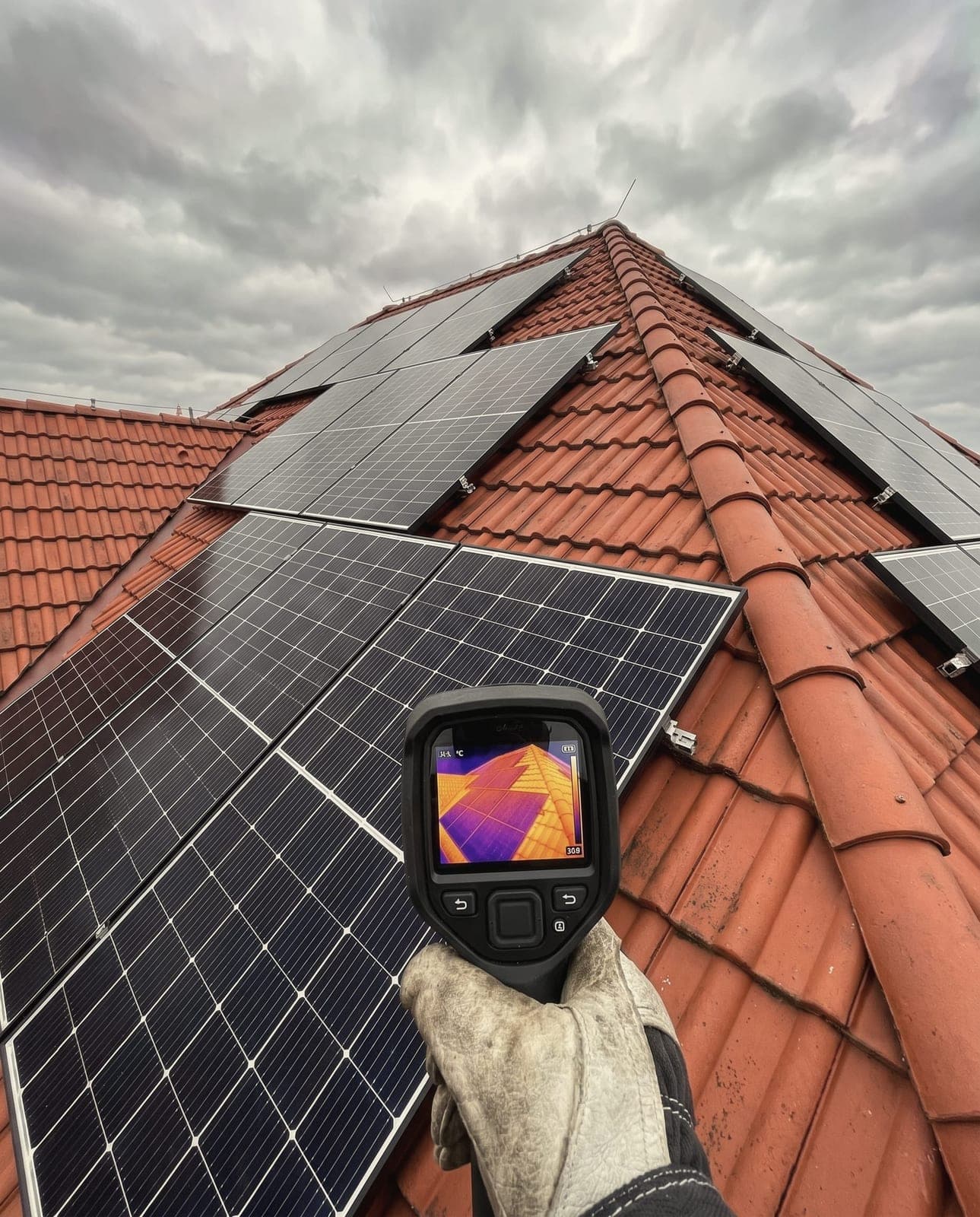 Kontrola fotovoltaických panelů na střeše rodinného domu
